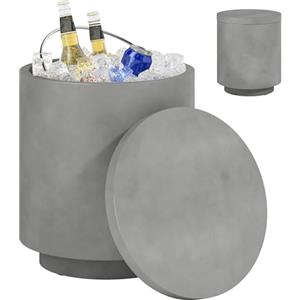 HOMCOM Tavolino Multiuso 3 in 1 con Secchiello Ghiaccio Rimovibile da 10 L e Coperchio, Tavolino da Esterno in Acciaio Inox e Cemento, Ø37.5x43.5 cm, Grigio Chiaro