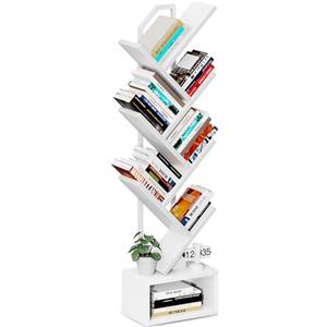 Coleshome Libreria ad Albero, Scaffale a 6 Ripiani con Divisori, Scaffale Legno Adatto per Soggiorni e Camere da Letto, Bianco