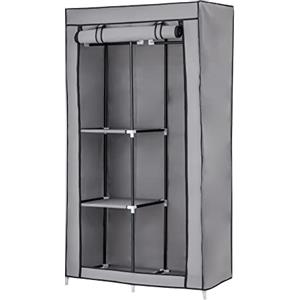 Baroni Home Armadio in Tessuto Richiudibile, Pieghevole Salvaspazio con Struttura in Ferro per Camera da Letto, Grigio, 2 Ripiani Laterali, 1 Barra Appendiabiti, 88x45x160 cm
