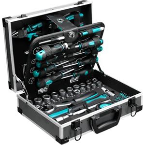 TLGREEN Cassetta degli attrezzi in alluminio riempita, 122 pezzi, cassetta degli attrezzi, cassetta degli attrezzi, cassetta degli attrezzi con chiave a bussola, cacciavite, ecc. per fai da te, fai da
