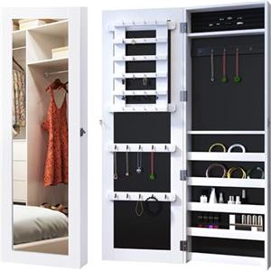 HOMCOM Specchio Portagioie da Parete con Ganci e Scompartimenti in Legno, Armadietto Portagioie con Specchio per Orecchini, Collane e Anelli, 37x9.5x112 cm, Bianco