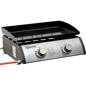Outsunny Piastra Barbecue a Gas con 2 Bruciatori, BBQ Antiaderente da Tavolo con Piedini Regolabili, Potenza 5kW, 48.5x46x21cm, Nero