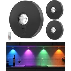 WUYOR Faretto LED RGB ricaricabile con telecomando, cambia colore, lampada da incasso a LED, magnetica, dimmerabile, illuminazione per armadi, senza fili, con funzione temporizzazione, colore nero, 3