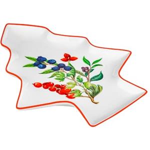 Baroni Home Accessori Tavola in Porcellana Decorata, Fantasie Bacche Rosse, Servizio Tavola Quattro Stagioni o Natalizio, 25x30x2,5 cm Vassoio Albero