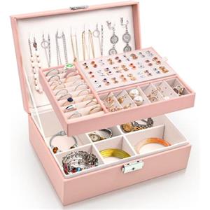 Larkumio Portagioie Donna Ragazza, Grande Porta Gioielli Bambina in Pelle PU a 2 Strati Scatole Portagioielli Cofanetto per Collane, Orecchini, Bracciali (Rosa)