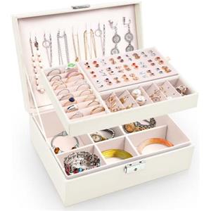 Larkumio Portagioie Donna Ragazza, Grande Porta Gioielli Bambina in Pelle PU a 2 Strati Scatole Portagioielli Cofanetto per Collane, Orecchini, Bracciali (Bianco)
