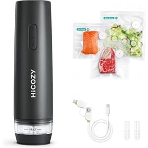 HiCOZY Macchina Sottovuoto Alimenti Portatile con Serbatoio Acqua Visibile, Sigillatrice Sottovuoto Compatta Include 30 Sacchetti Senza BPA, Sigillatura Freschezza con Un Tocco, Grigio