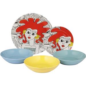 Baroni Home Servizio di Piatti da 18 pezzi in Porcellana e Gres, Servito da Tavolo Colorato per 6 Persone, Piatto Fondo, Piano, da Frutta o Dolce, Fantasia Capelli Rossi