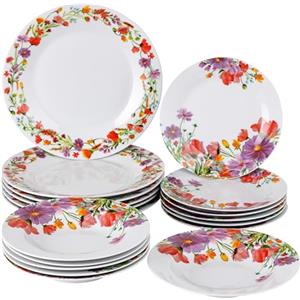 Baroni Home Servizio di Piatti da 18 pezzi in Porcellana, Servito da Tavolo Colorato per 6 Persone, Piatto Fondo, Piano, da Frutta o Dolce, Papaveri