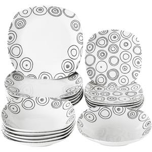 Baroni Home Servizio di Piatti da 18 pezzi in Porcellana, Servito da Tavolo Colorato per 6 Persone, Piatto Fondo, Piano, da Frutta o Dolce Cerchi Neri