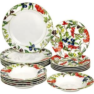 Baroni Home Servizio di Piatti da 18 pezzi in Porcellana, Servito da Tavolo Colorato per 6 Persone, Piatto Fondo, Piano, da Frutta o Dolce, Fantasia Bacche