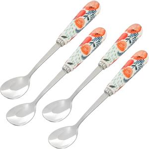 Baroni Home Set 4 Cucchiaini in Acciaio, Manico in Porcellana Decorata, Fantasie Papavero, Cucchiai da Dolce, Tè, Dessert Idea Regalo 2,5x16x2 cm