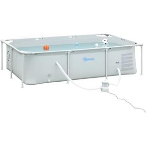 Outsunny Piscina Fuori Terra Autoportante, Piscina Rigida Rettangolare con Filtro e Valvola in Acciaio e PVC, Grigio, 252x152x65cm