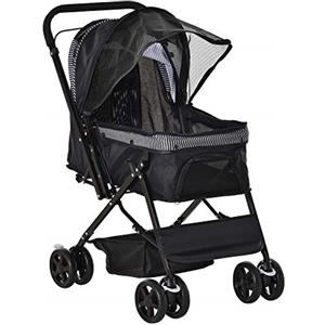 PawHut Passeggino per Cani Piccoli 10 kg Pieghevole con Maniglione Girevole Ruote con Freni in EVA, Passeggino Cane con Cestino Portaoggetti, 76.5x52x95cm, Nero