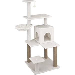 Baroni Home Tiragraffi ad Albero per Gatti, Tiragraffi per Gatti e Gattini, 4 Piani con Palla, Amaca e Cuccia Rettangolare, 45x45x122 cm, Crema