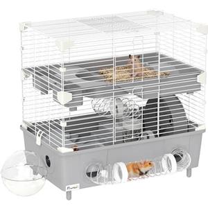 PawHut Gabbietta per Criceto a 2 Livelli e 3 Porte con Ruota, Lettiera e Tubi di Gioco, Gabbia per Animali in Acciaio, PS e PP, 44.5x28x44 cm, Grigio e Bianco