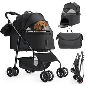MAMIZO Passeggino per cani 3 in 1, fino a 30 kg, 4 paia di ruote doppie a 360°, con una borsa a tracolla, pieghevole per cani di piccola taglia e media, nido per animali domestici, Nero