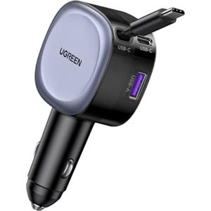 UGREEN 75W Retrattile Caricatore Auto, Caricabatteria Accendisigari USB C Ricarica Rapida PD 3.0 QC 3.0, Compatibile con iPhone 17 Pro Max Air/16/15, Samsung Galaxy S25/24, Pixel10/9, MacBook, iPad