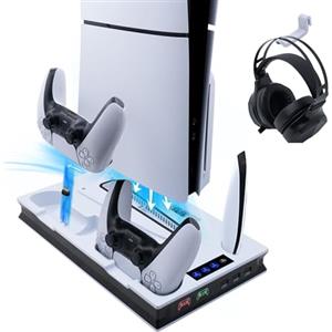 Wigearss Supporto Verticale di Raffreddamento PS5 con Doppio Controller di Caricatore per PS5/PS5 Slim/PS5 PRO UHD/Digital Edition