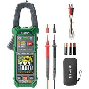 TESMEN TCM-300A Pinza Amperometrica con 6000 conteggi amperometro T-RMS multimetro a range automatico voltmetro con corrente AC tensione AC/DC NCV/filo attivo resistenza di inrush temperatura - Verde