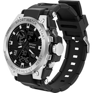 AOOSU Orologio da Uomo, Orologio da Uomo Analogico e Digitale, Orologi Militare, Datario Multifunzione con Cronografo e Display Luminoso - Argento