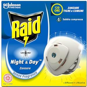 Raid Night & Day Base con Ricarica, Antizanzare e Repellente Zanzare Inodore a Sabbia Compressa, Contiene 1 Diffusore e 1 Ricarica, Senza Profumo