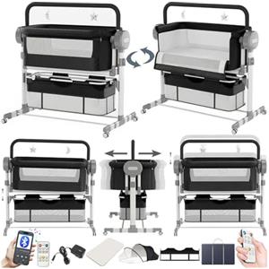 Doraystar Elettrico Bluetooth Intelligente Culla Neonato Next to me, Pieghevole Convertibile Culla Co-sleeping, Letto Fianco Letto con Musica e Telecomando, 5 Ingranaggi Oscillanti (608 Black)