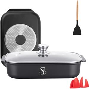 Stone&Stone Teglia Forno Rettangolare 34x8cm in alluminio | Super Antiaderente Tedesco | Pirofila Lasagnera Rostiera | Priva di PTFE - PFOA - PFAS | Induzione Gas Forno | Coperchio 2 Presine, Spatola