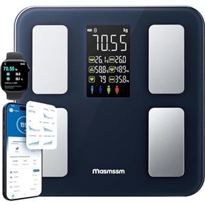 masmssm Bilancia Pesapersone Digitale Bilancia Impedenziometrica, Bilancia da Bagno con Display 8-in-1, 22 Metriche (BMI, Grasso Corporeo, Frequenza Cardiaca), Compatibile iOS & Android, Max. 180kg/400lb