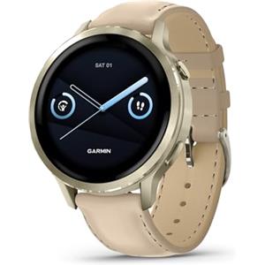 Garmin Venu 4, 41 mm, Smartwatch GPS avanzato per salute e fitness, display luminoso e colorato, torcia integrata, 10 giorni di autonomia, oro lunare con cinturino in silicone osseo/cinturino in pelle