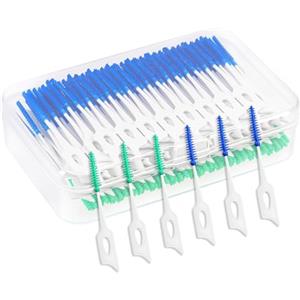 Carehabi 200 scovolini dentali, scovolino denti in morbido silicone con custodia, scovolini portatili in silicone a doppio uso per una pulizia delicata dei denti, ideali per apparecchi ortodontici(blu, verde)