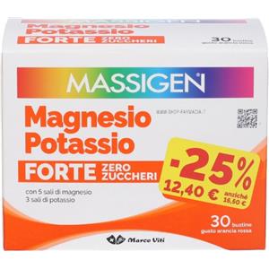 Massigen Magnesio e Potassio Forte Zero Zuccheri - 30 Bustine Gusto Arancia Rossa