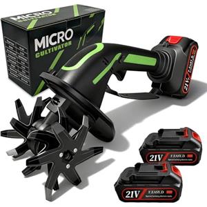Aisny Motozappa Elettrica, Motozappa a Batteria 21V con 2 Batterie 3000mAh Motocoltivatore con 4 Lame in Metallo Larghezza di Lavoro 10cm Profondità di Lavoro 10cm 235 Giri/min