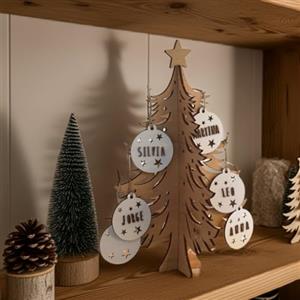 WONDEE Albero di Natale in Legno Decorativo con 6 Palline da Appendere Personalizzabili con i Nomi di Famiglia, Albero di natale Piccolo Legno Stilizzato - Decorazione Addobbi Natalizia Personalizzata