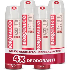 Borotalco, Deodorante Uomo Spray Asciutto Ambrato, con Talco Assoluto, Assorbe il Sudore, Senza Alcool, Profumo Ambrato, 72h efficacia - 4 Pezzi da 150 ml - Esclusiva Amazon