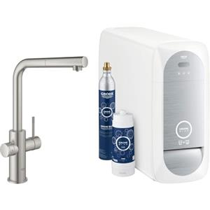 GROHE Blue Home Starter Kit con Rubinetto Filtro Acqua, Bocca L, Doccetta Estraibile, Acqua Filtrata Refrigerata e Frizzante, WiFi, Supersteel, 31539DC0