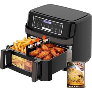Emphsism Friggitrice ad Aria 12L XXL con Tecnologia Dual Zone 2-in-1, Air Fryer 2600W con Finestra Visiva & Luce Interna, Smart Finish & Match Cook, 8 Programmi, Divisore & Ricettario Inclusi, Nero