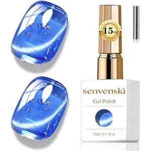 Senvenski Gelatina Vetro Cat Eye Smalto Semipermanente, 15ML Occhi di Gatto Magnetica per Gel Unghie Kit Olografico Glitterato Cristallo Smalti Unghie Salon Home DIY (blu ghiaccio, 0.5fl oz)