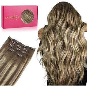 WENNALIFE Extension con clip in capelli veri, 75 g, 5 pezzi, 40 cm, balayage al cioccolato fino al biondo miele, extension con clip in Remy Clip in extension, capelli naturali