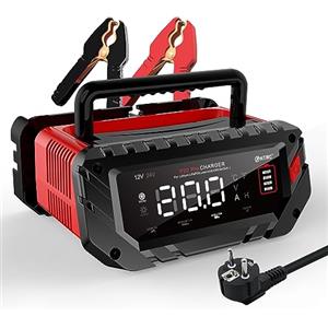 Haisito Caricatore più veloce per funzionamento manuale 12 V 24 V 20 A Car Battery Charger Smart Rapid Battery Charger, Car Motorcycle Trickle Charger per batterie agli ioni di litio fosfato AGM, gel,