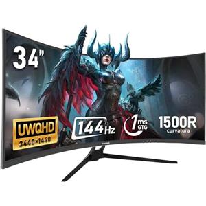 Gawfolk Monitor Ultrawide Da 34 Pollici 1500R Curvo 144Hz Monitor Per Computer Da Gioco, 21:9 UWQHD (3440x1440),Adaptive Sync,Angolo di visione 178°,HDMI、Display Port,VESA75×75MM - Nero