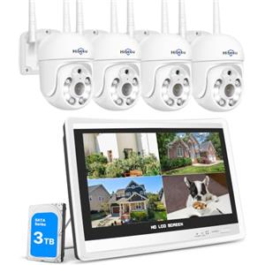 Hiseeu 【 5 MP + PTZ】 Set telecamera di sorveglianza Hiseeu per esterni WLAN con monitor 12 pollici 10 CH Wireless NVR, 4 telecamere PTZ da 5 MP con audio a 2 vie, visione notturna a colori, visualizzazione