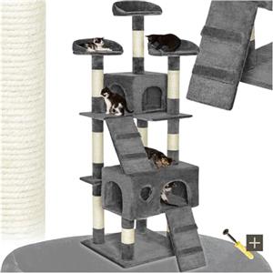tectake® Tiragraffi per Gatti con Casette, Tiragraffi Gatto con Piattaforme e Colonna Grattatoio, Albero per Gatti Altezza 170 cm, Torre Gatti per Interni, Casa per Gatti - Grigio