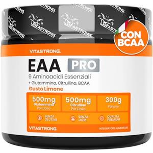 Vitastrong. Aminoacidi Essenziali EAA PRO Vitastrong, 9 EAA Aminoacidi Essenziali Polvere 300g, BCAA Amminoacidi Ramificati, Glutammina, L Citrullina, L-Tirosina, L Lisina, L Triptofano, Metionina, Gusto Limone