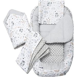 Medi Partners Riduttore Lettino Neonato - 100x60x15 Nido Antisoffoco Neonati 5-Parti Bozzolo Culla per Bebè neonata bilaterale Cuscino 100% Cotone (Radura con grigio Minky)