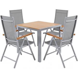 LIFERUN Set Giardino Esterno 5 Pezzis, Aluminium Tavolo da Giardino con Sedie, Tavolo e Sedie da Balcone, 4 Sedie Pieghevoli e Tavolino 75x75 cm, Salottino da Giardino, Marrone Teak + Grigio Chiaro