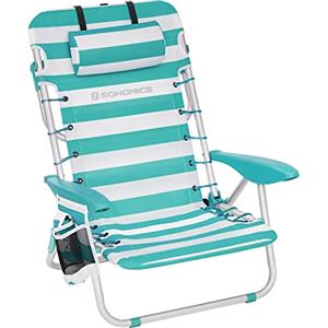 SONGMICS Sedia da spiaggia, sedia da campeggio pieghevole, con tracolla, schienale regolabile, poggiatesta, bracciolo, 2 tasche laterali, verde e bianco GCB62JW