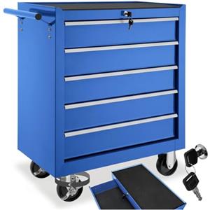 tectake® Carrello Portautensili in acciaio con 5 Cassetti richiudibili, Mobile con Rotelle, Carrello Porta Attrezzi, Porta Utensili da Lavoro, Carrello con Ruote Portatutto - Blu