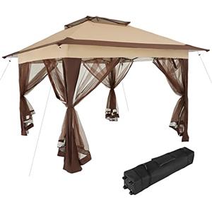 tectake® Gazebo Pieghevole, Padiglione Gazebo da Esterno con 4 Zanzariere Removibili, Sistema a Doppio Tetto, Resistente ai Raggi UV, Borsa Inclusa, 364x364x29 cm - Marrone