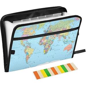 Quteprint Cartella portadocumenti espandibile con 13 tasche con chiusura a cerniera, cartellina blu con mappamondo a fisarmonica con etichette adesive, formato lettera A4, portadocumenti espandibile